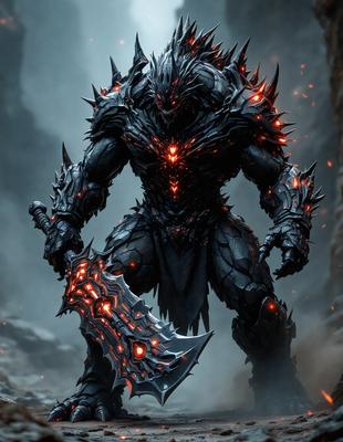 The primary subject of the image is a demonic creature with a sword in its hand. The setting is a dark, possibly demonic or fantasy-themed environment. The visual style appears to be a digital art or illustration, with the demonic creature being the main focus of the image. The colors and mood are dark and ominous, with the demonic creature being the main source of visual interest.